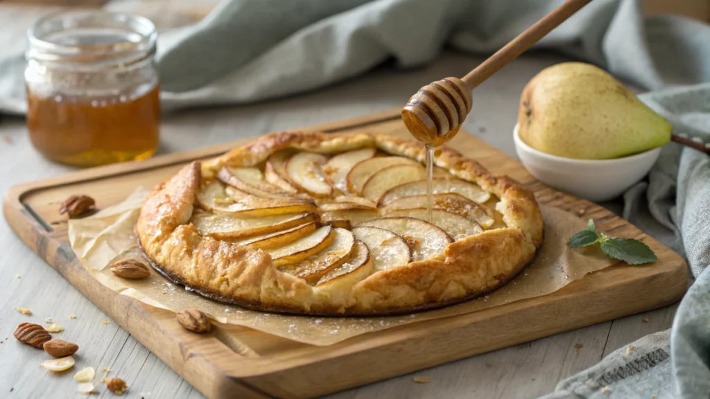 Rustic pear and almond galette with honey glaze