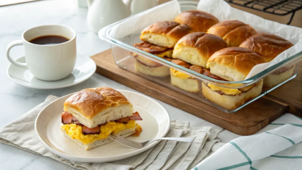 Meal-prepped breakfast sliders stored in a glass container with parchment paper.