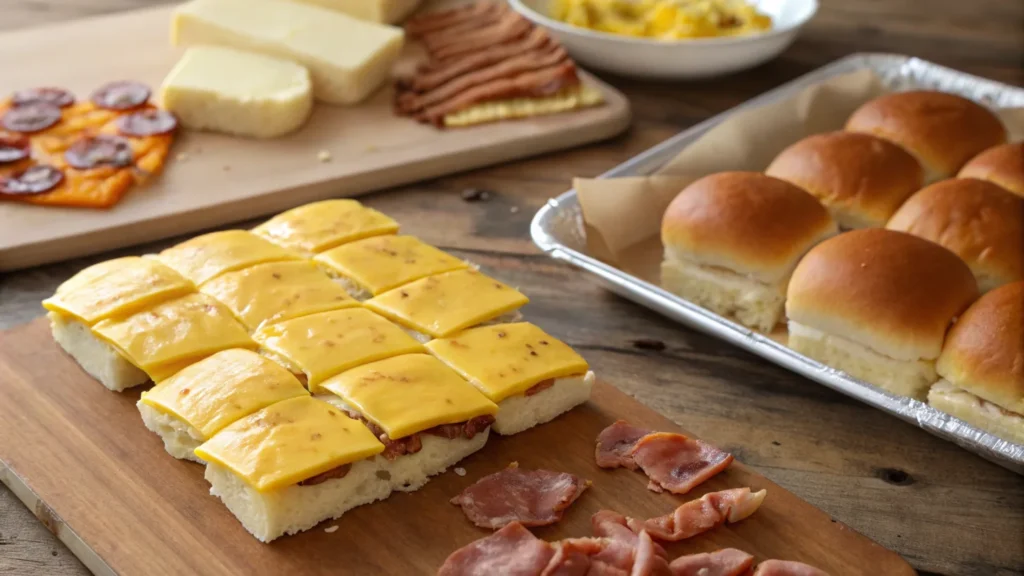 Assembling breakfast sliders with eggs, cheese, and sausage.