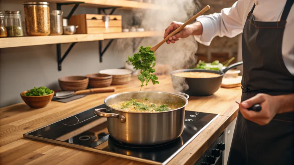 Cooking pastina soup – A pot of simmering broth with tiny pasta and fresh herbs.