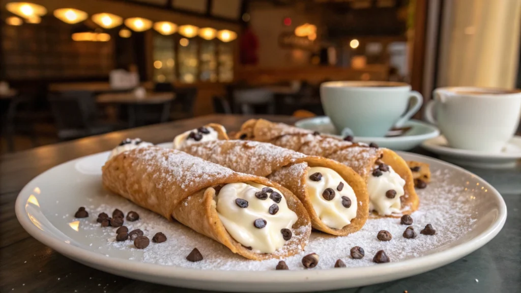 Classic Italian cannoli with ricotta filling and chocolate chips.