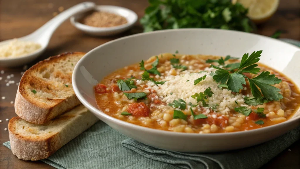 Served pastina soup – A bowl of comforting Italian pastina soup with Parmesan and parsley.