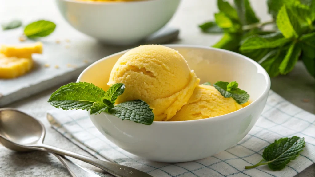 Homemade mango sorbet with fresh mint garnish