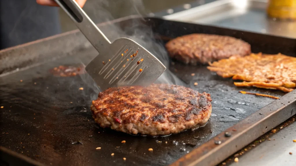 A smash burger patty sizzling on a griddle.