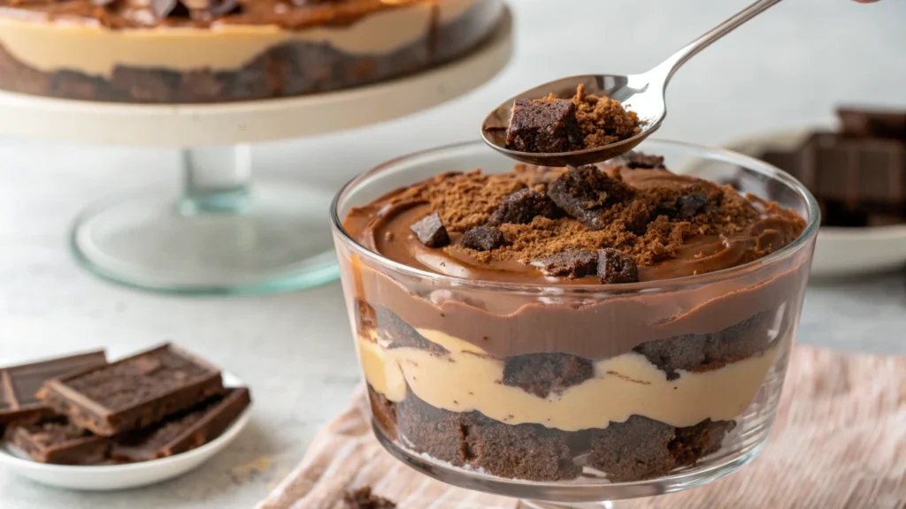 Layering Chocolate Pudding in a Trifle Dish Chocolate Trifle Dessert Recipes