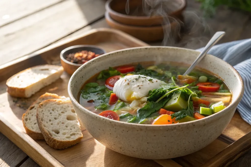 Warm breakfast soup with vegetables and poached egg