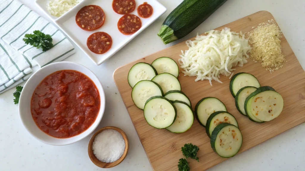 Ingredients for zucchini pizza bites: zucchini slices, cheese, sauce, and toppings.