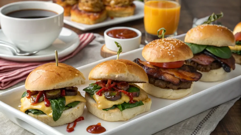 A variety of breakfast sliders with different toppings and flavors.