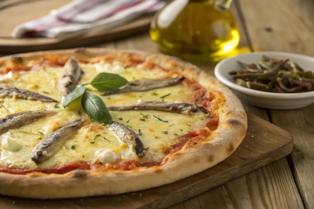 Anchovies on pizza with melted cheese and crispy crust.