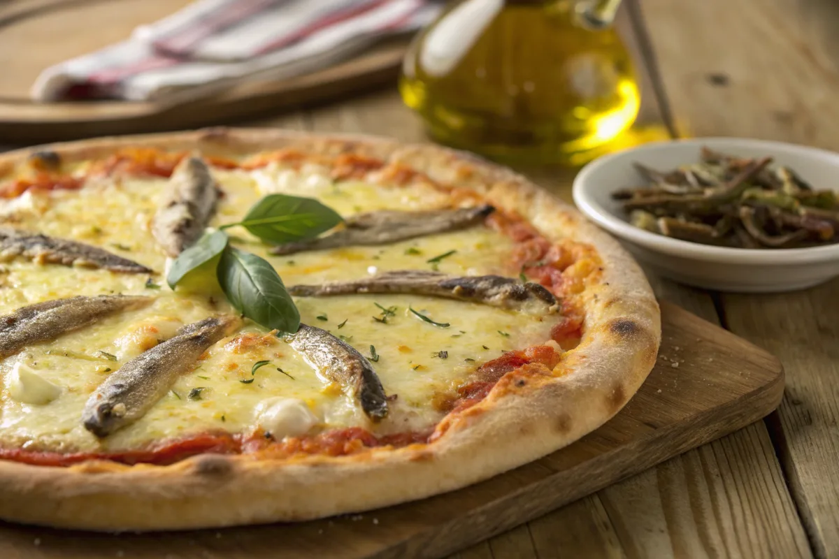 Anchovies on pizza with melted cheese and crispy crust.