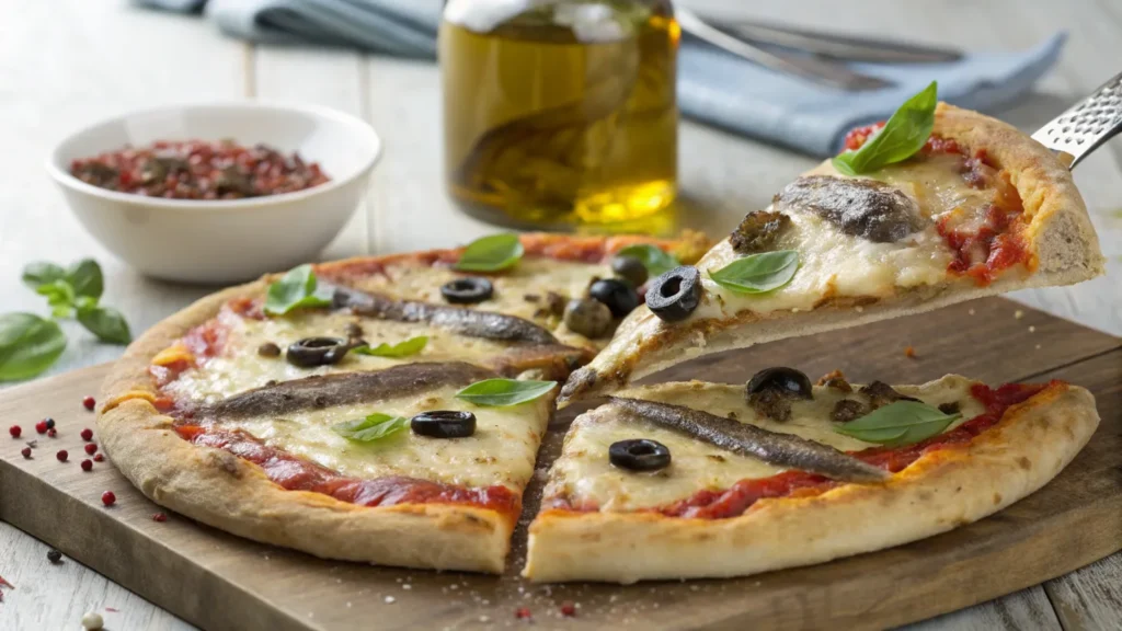 Sliced anchovy pizza with olives, capers, and basil.