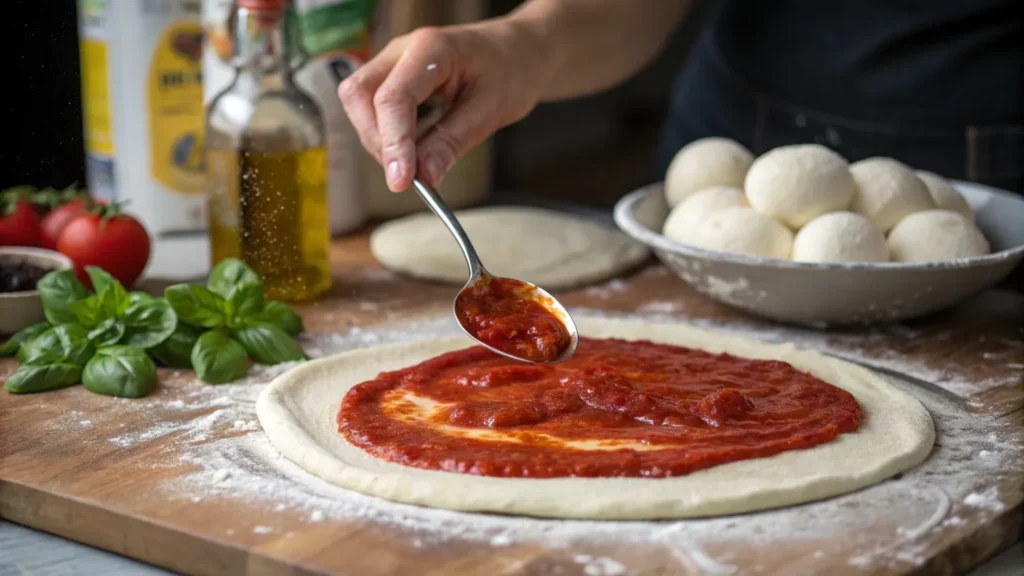 Spreading tomato sauce on pizza dough for anchovy pizza.