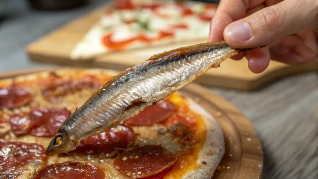 Close-up of an oil-packed anchovy fillet being added to pizza.