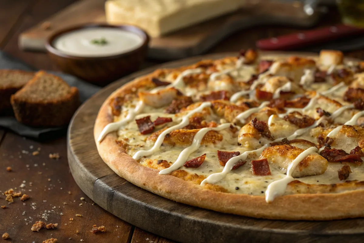 Best homemade chicken bacon ranch pizza with crispy bacon and ranch dressing