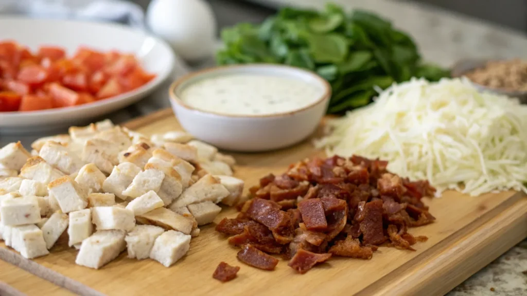 Fresh ingredients for chicken bacon ranch pizza – chicken, bacon, cheese, and ranch