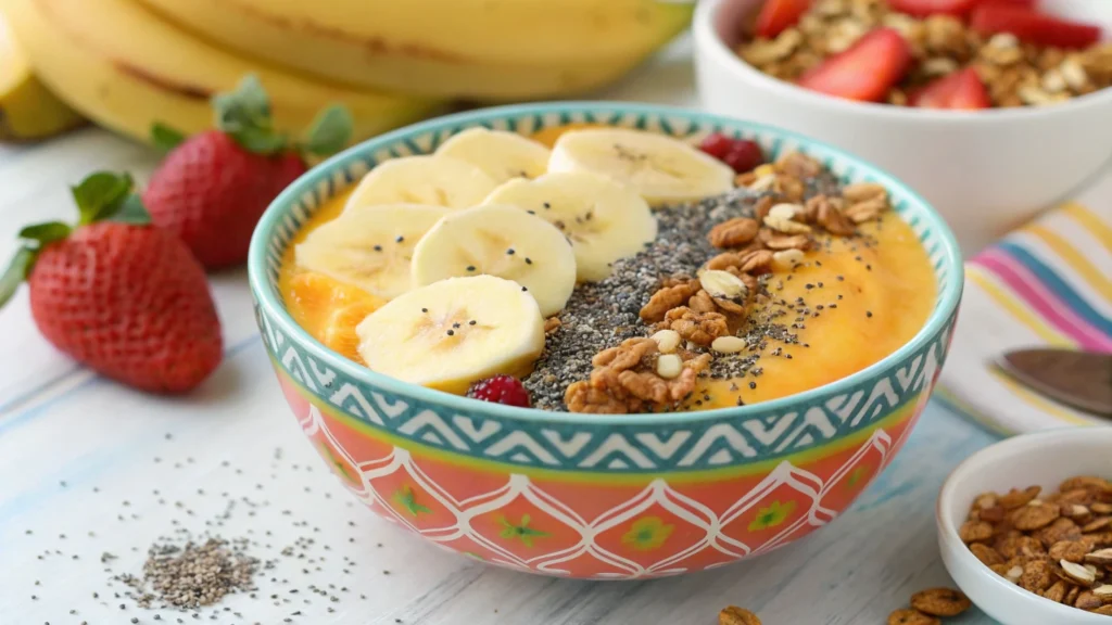 Banana smoothie bowl – healthy breakfast with granola and chia seeds