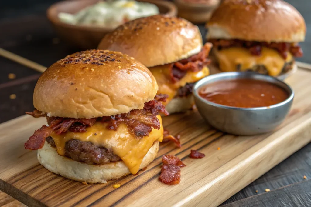 Freshly baked breakfast sliders with eggs, bacon, and cheese on a wooden board.