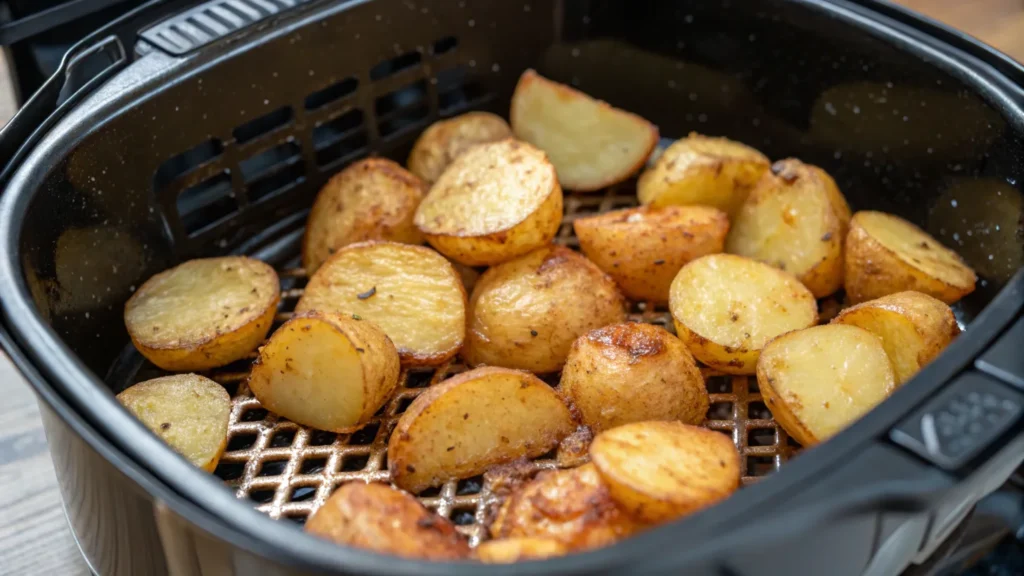 Breakfast potatoes cooking in an air fryer.