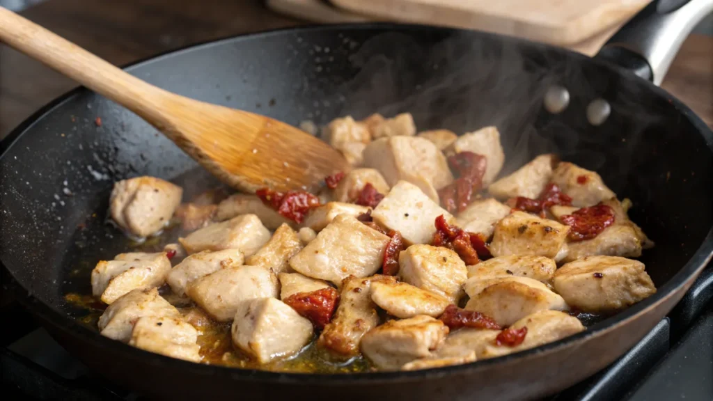 Sautéed chicken, garlic, and sun-dried tomatoes cooking in a skillet