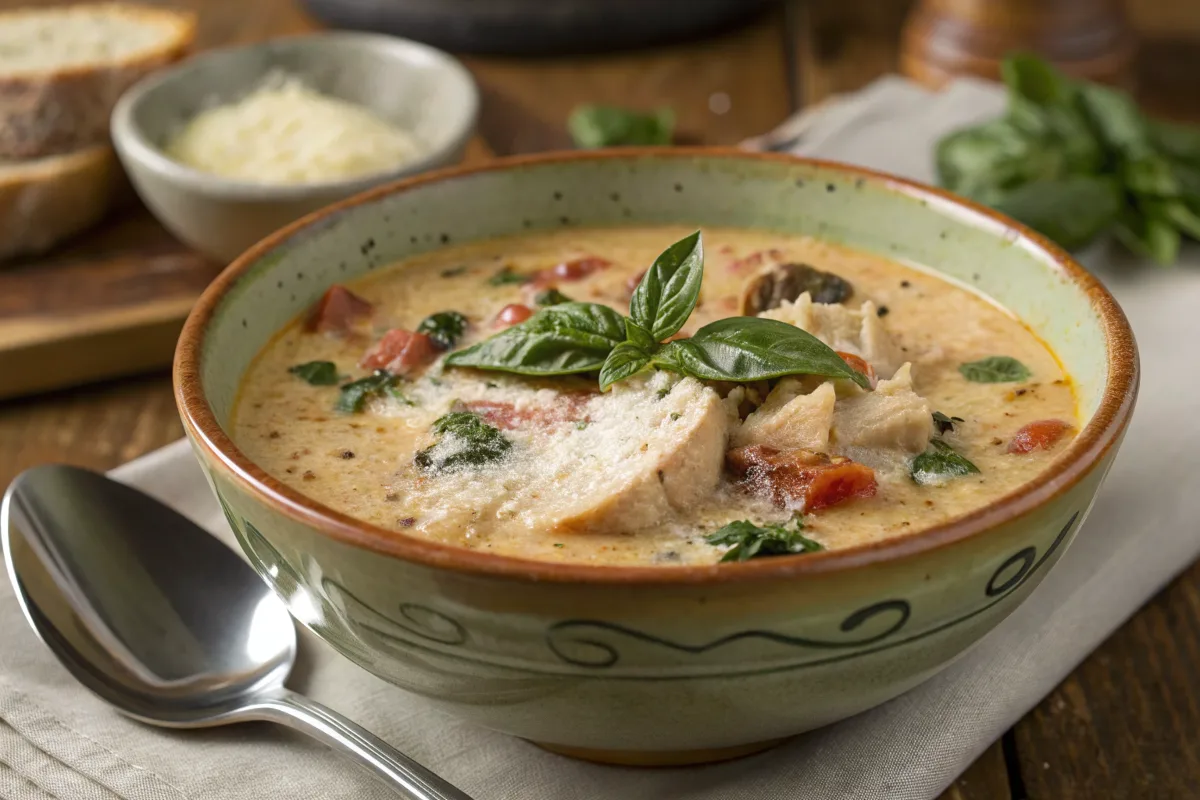 Creamy Tuscan Chicken Soup in a rustic bowl with fresh basil and Parmesan