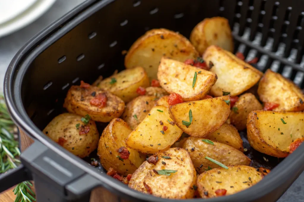 Crispy air fryer breakfast potatoes in a basket.