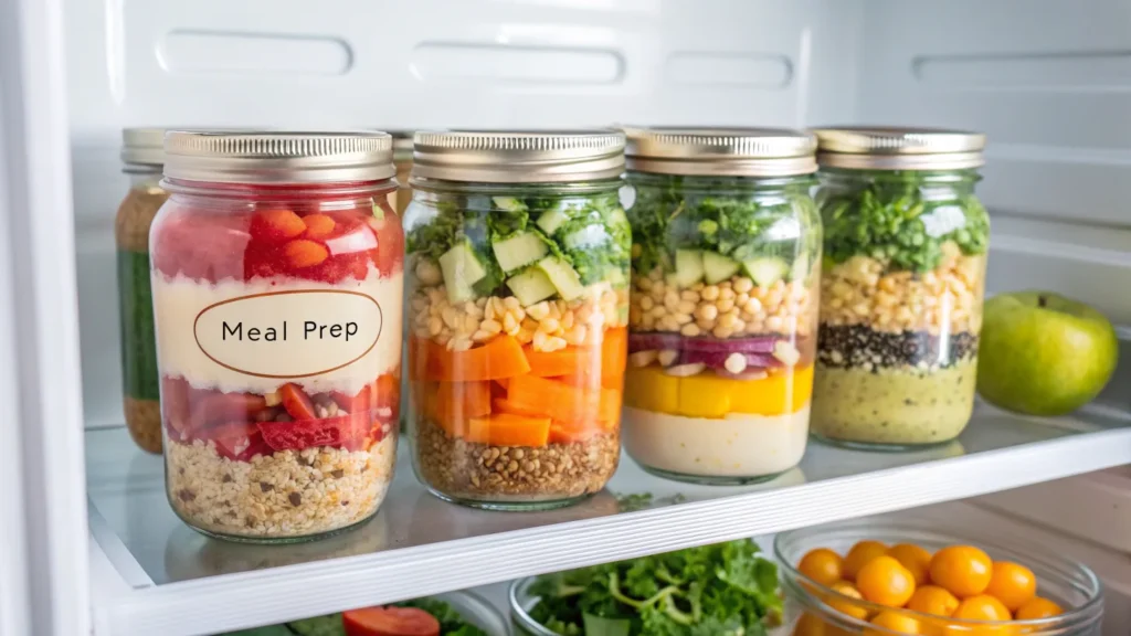 Meal-prepped breakfast soups in glass jars