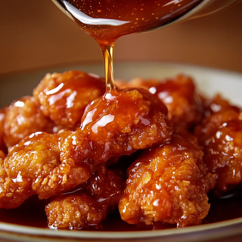 Sticky honey chilli sauce poured over crispy fried chicken