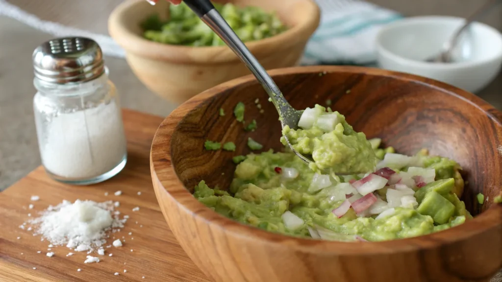Mixing fresh guacamole ingredients in a wooden bowl.