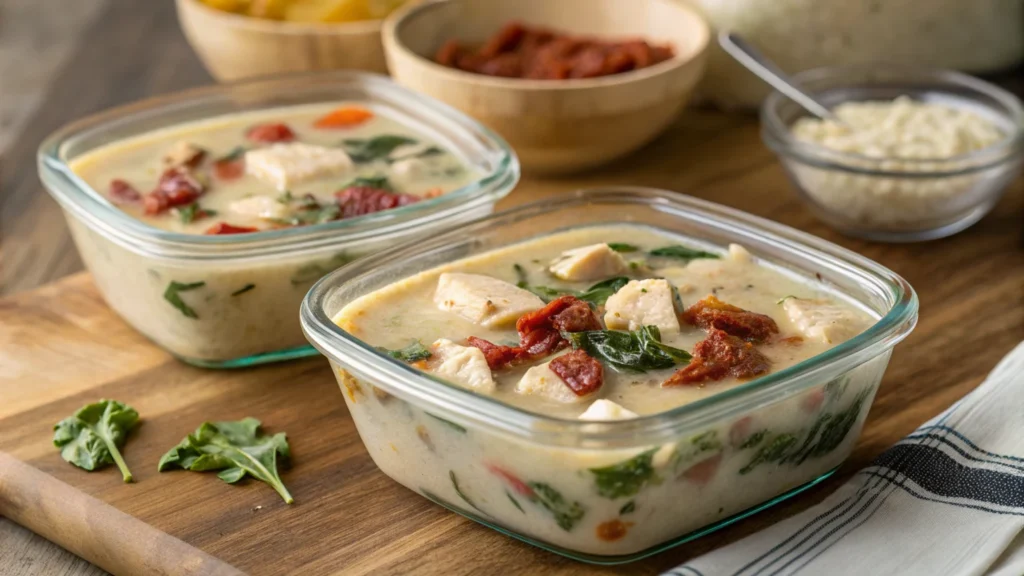 Meal-prepped creamy Tuscan chicken soup in airtight glass containers