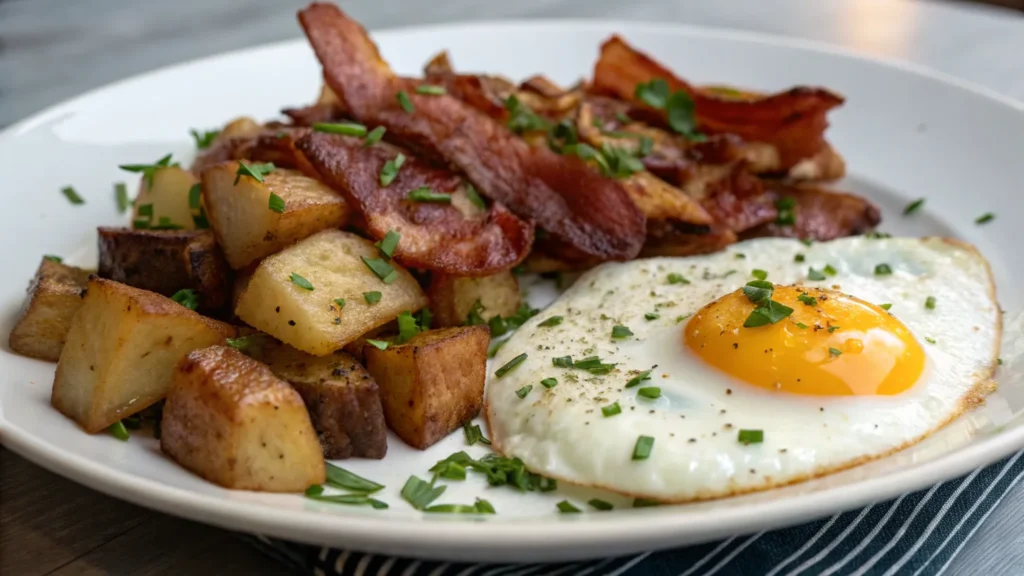 Air fryer breakfast potatoes served with eggs and bacon.