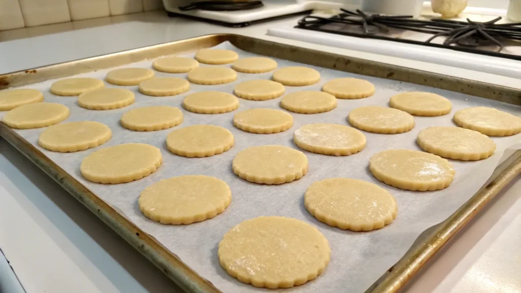A close-up of sugar cookie dough being mixed in a glass bowl.