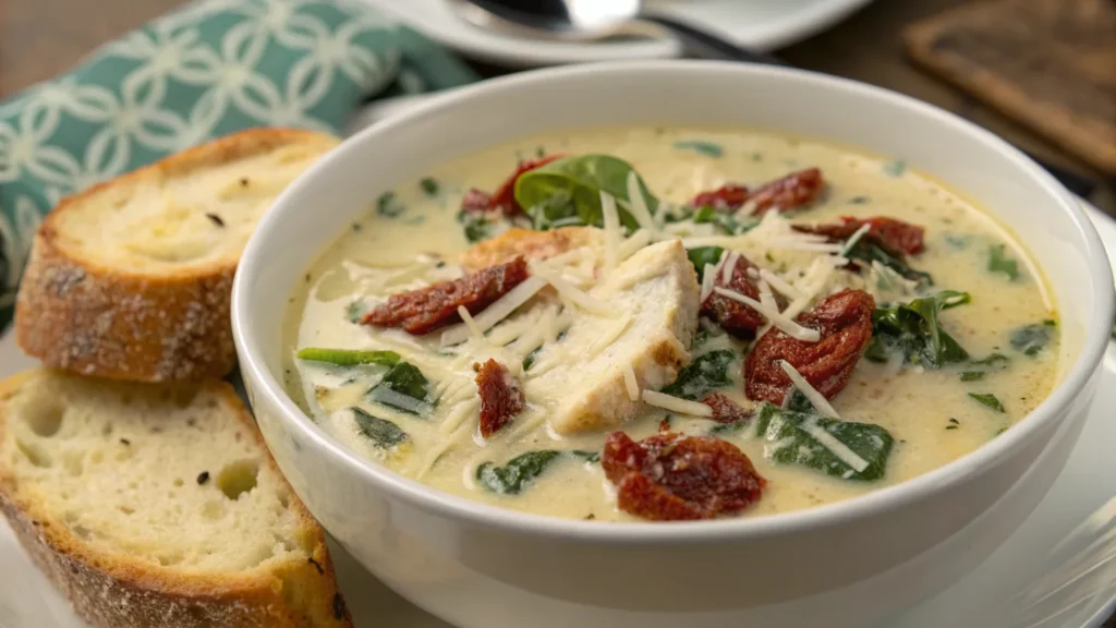 Creamy Tuscan chicken soup with a side of garlic bread