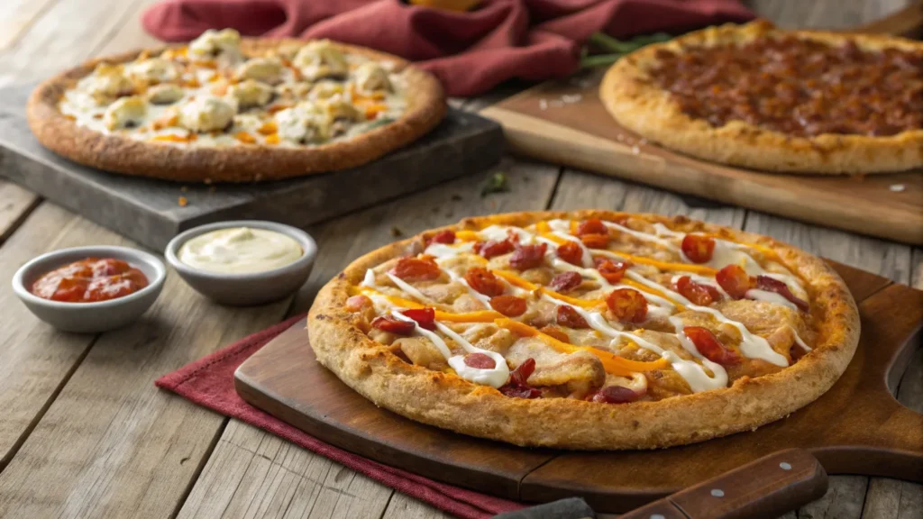 Different variations of chicken bacon ranch pizza – keto, BBQ, and buffalo