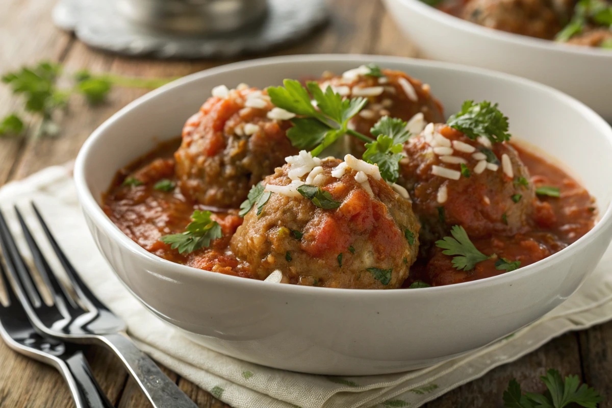 Juicy porcupine meatballs in tomato sauce with parsley garnish