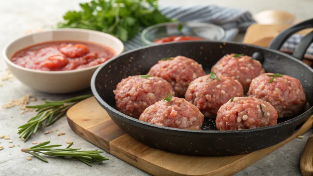 Raw porcupine meatballs searing in a skillet