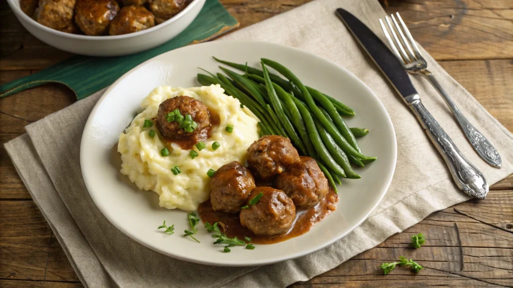 Porcupine meatballs with mashed potatoes and green beans
