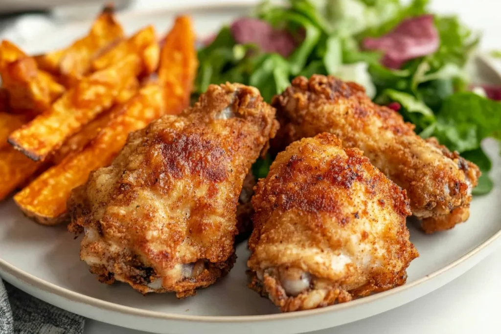 Air-fried chicken with sweet potato fries and salad.