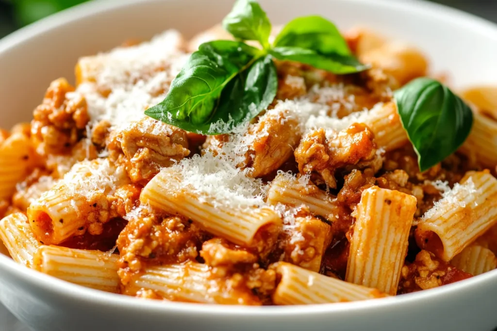 Spicy chicken mince pasta with Parmesan and basil.