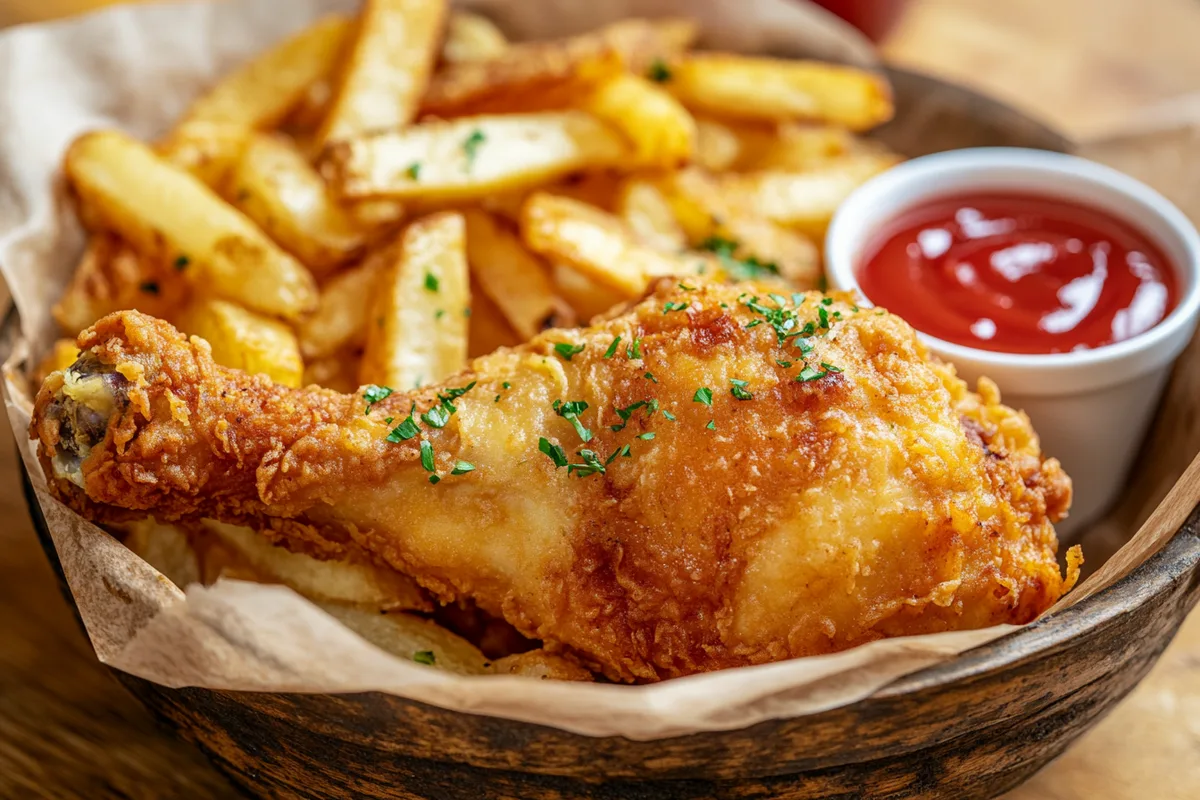 Crispy fried chicken and chips in a rustic basket.