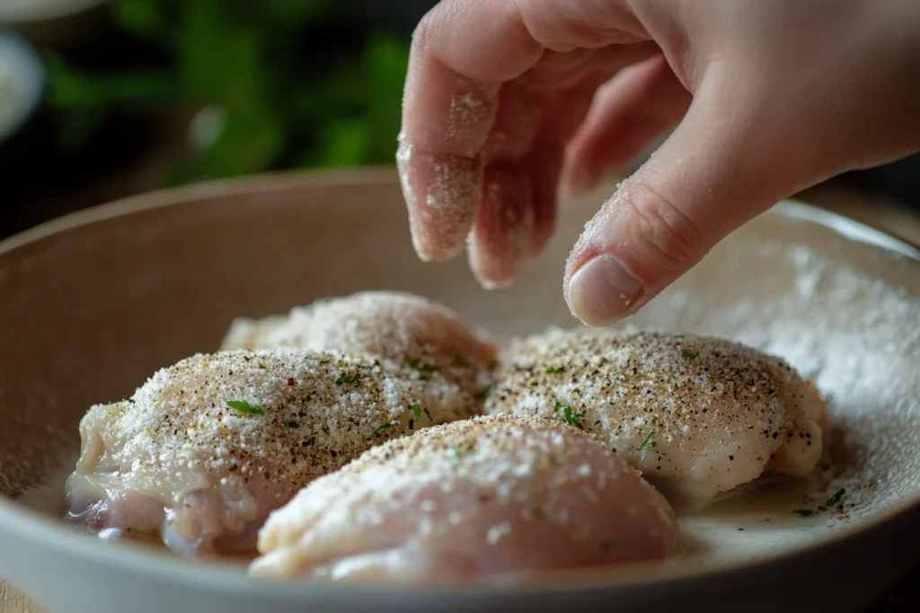 Chicken being coated in seasoned flour before frying.