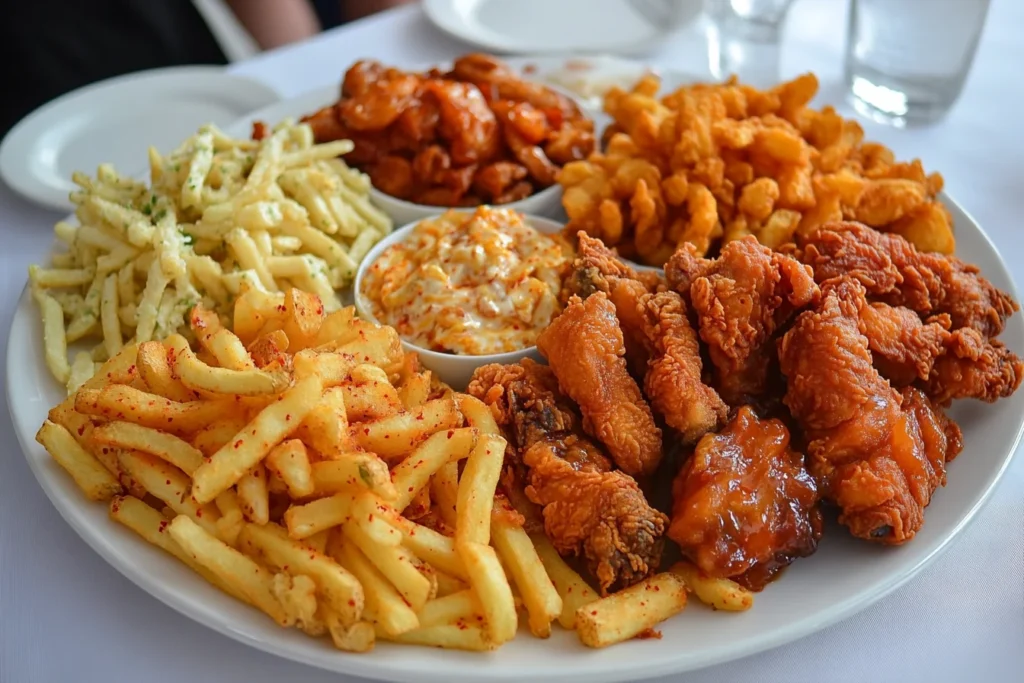 Global variations of chicken and chips on a multi-sectioned plate.