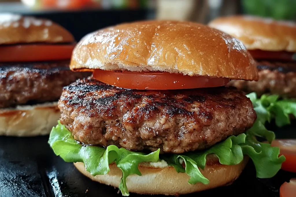 Chicken mince recipes – homemade chicken burger with lettuce and tomato.