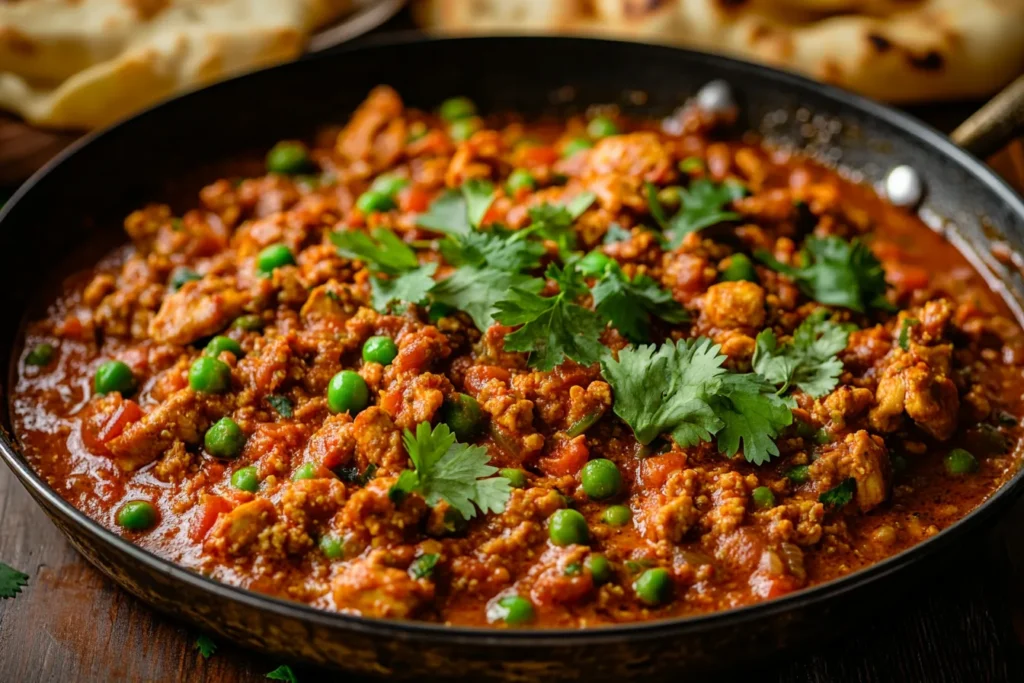 Authentic Indian chicken keema curry with naan bread.