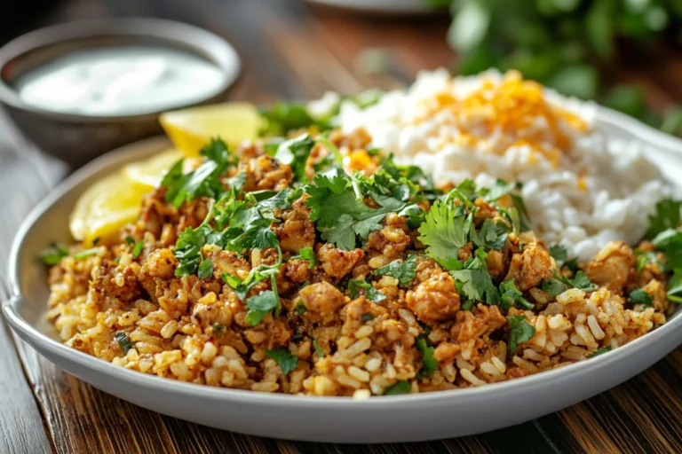 Juicy chicken mince dish with herbs, served with rice and yogurt sauce.