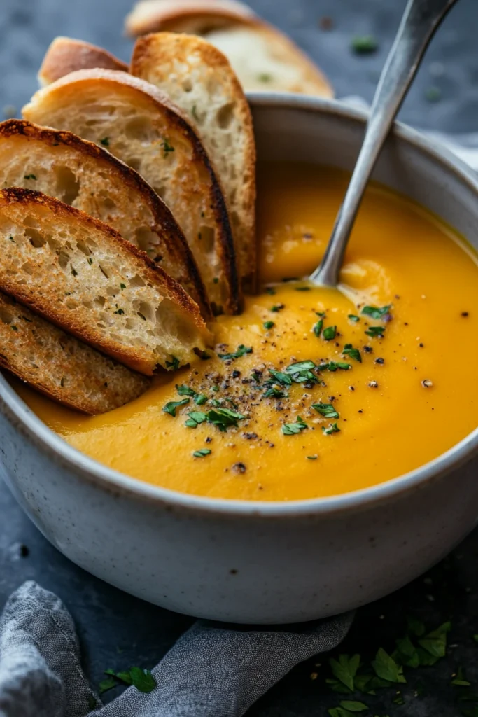 Pumpkin soup served with crispy garlic bread slices.