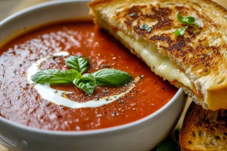 A bowl of rich, roasted tomato soup with a swirl of cream and fresh basil garnish, served with a crispy, golden cheese toastie cut in half, showing gooey melted cheese inside. The soup and toastie are placed on a rustic wooden table with a spoon and a napkin beside them, creating a warm and inviting comfort food scene.