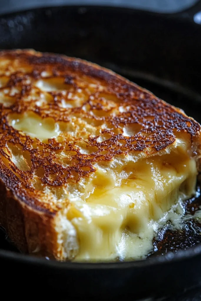 A cheese toastie grilling in a skillet with golden butter