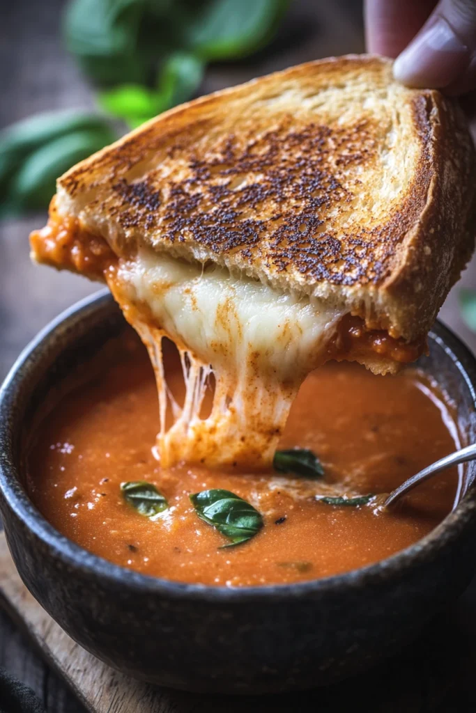 A cheese toastie being dipped into homemade roasted tomato soup.