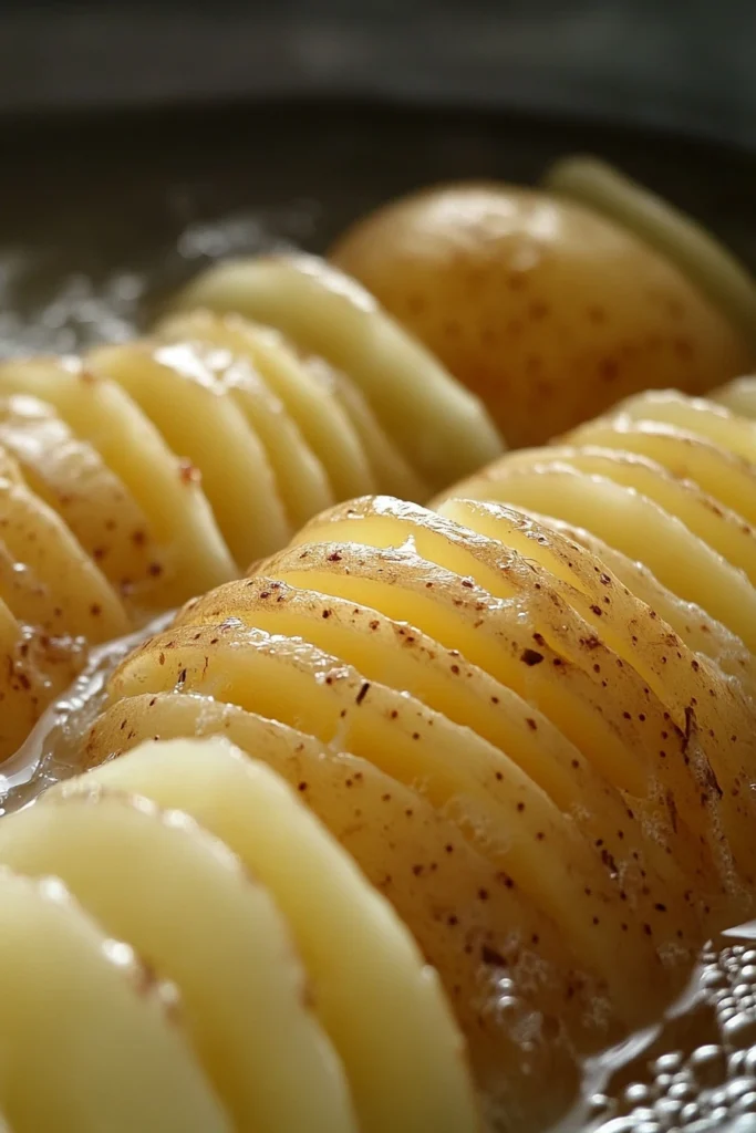 Soaking sliced Hasselback potatoes in water for crispiness.