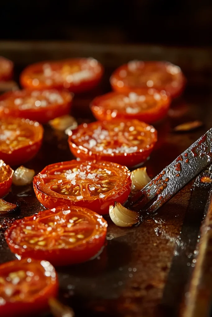 Fresh tomatoes roasting in the oven for homemade tomato soup.